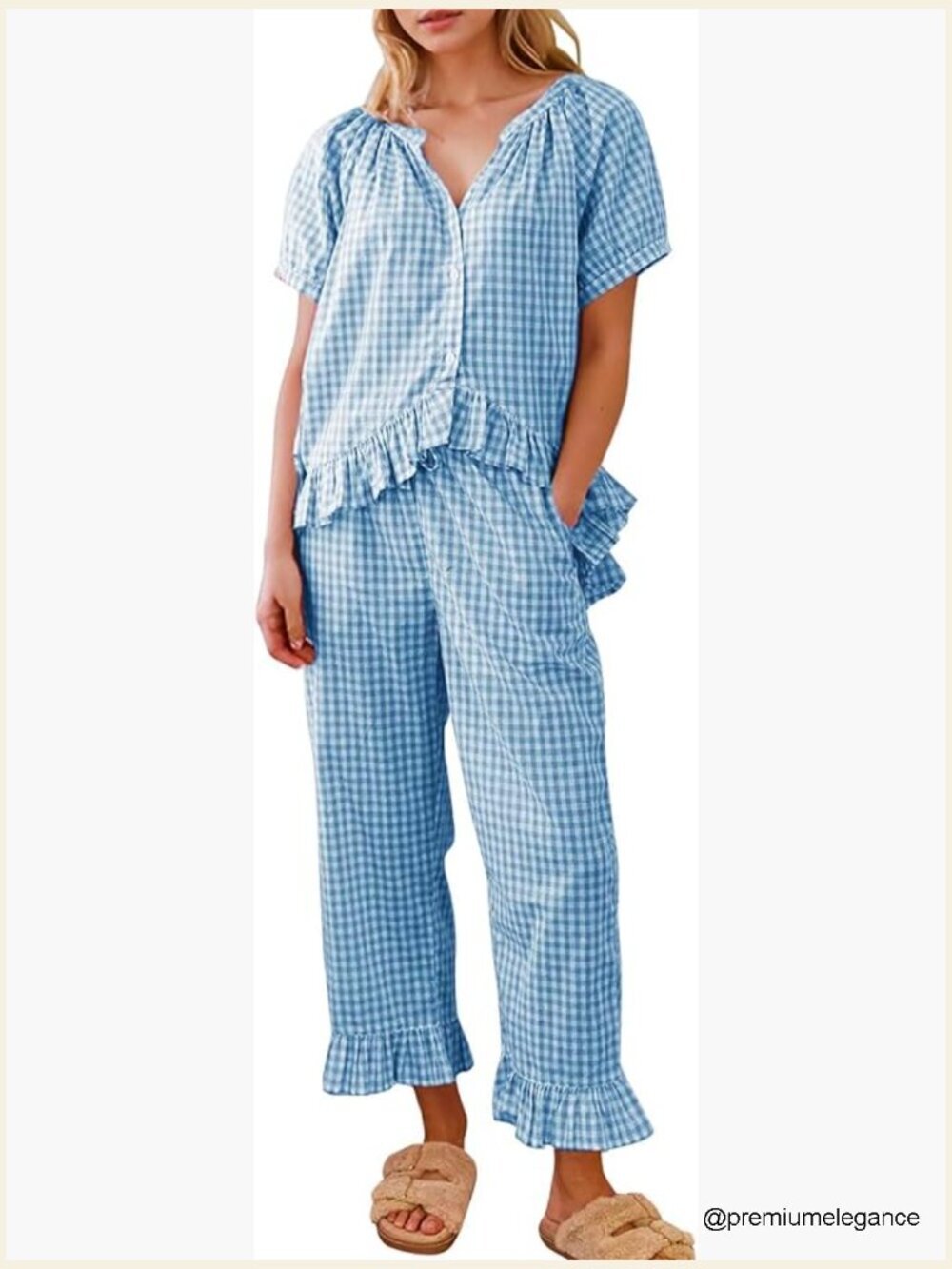 Womens 2 Piece Gingham Pajamas Set Short Sleeve Babydoll Top Ruffle Pants Lounge